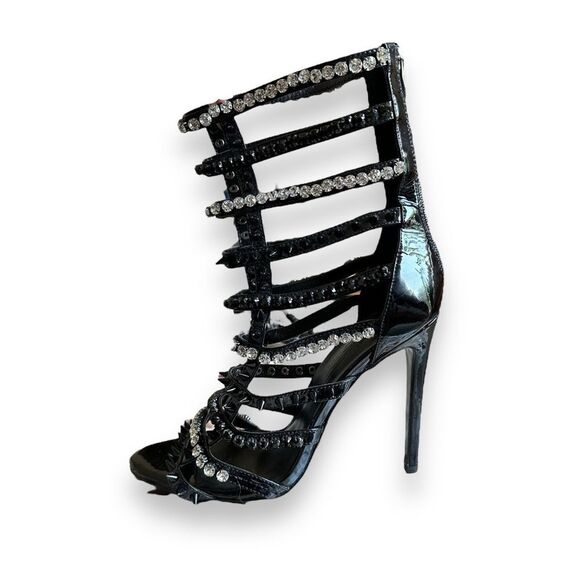 I AM JENNIFER LE Razor High Heel Black Patent Leather Crystal Sandals Size 39 - Picture 2 of 12